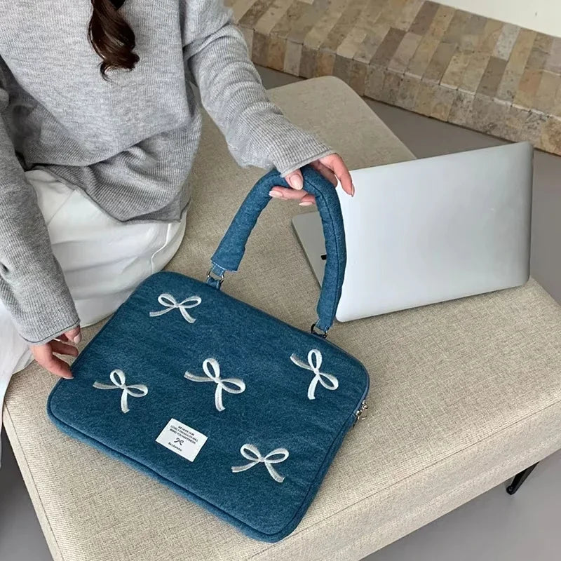 Bowknot heart denim laptop bag