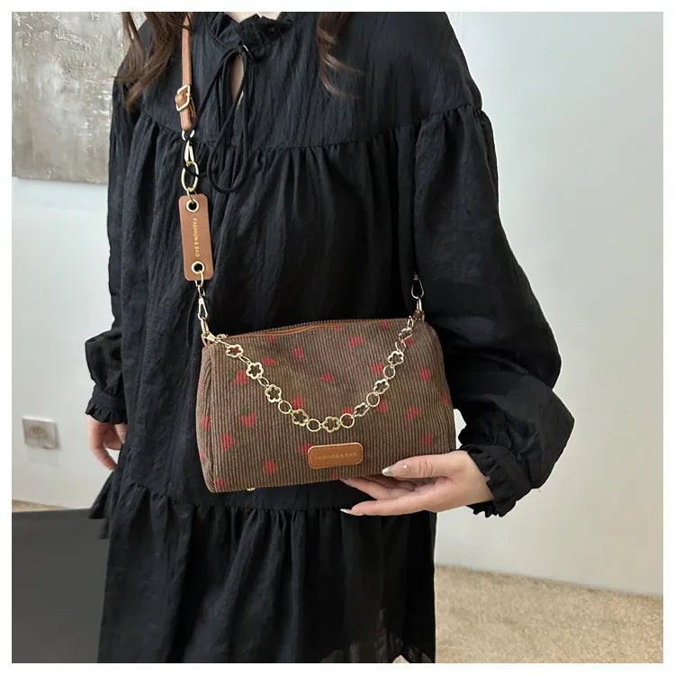 corduroy handbag with strawberry print