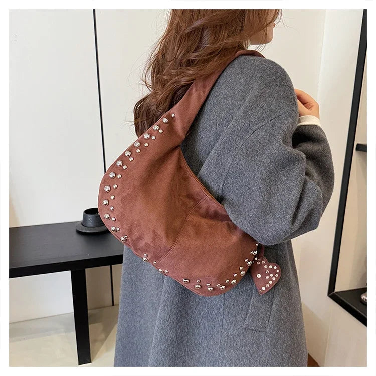 Chic suede shoulder bag with decorative strass
