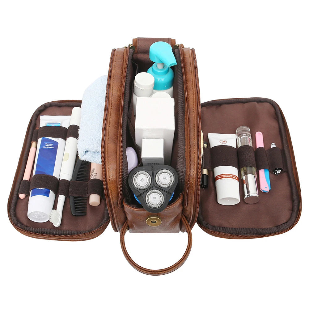 Fold-out leather travel toiletry bag