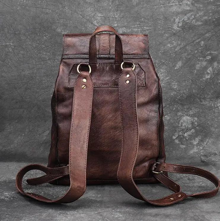 Retro leather rucksack with drawstring closure