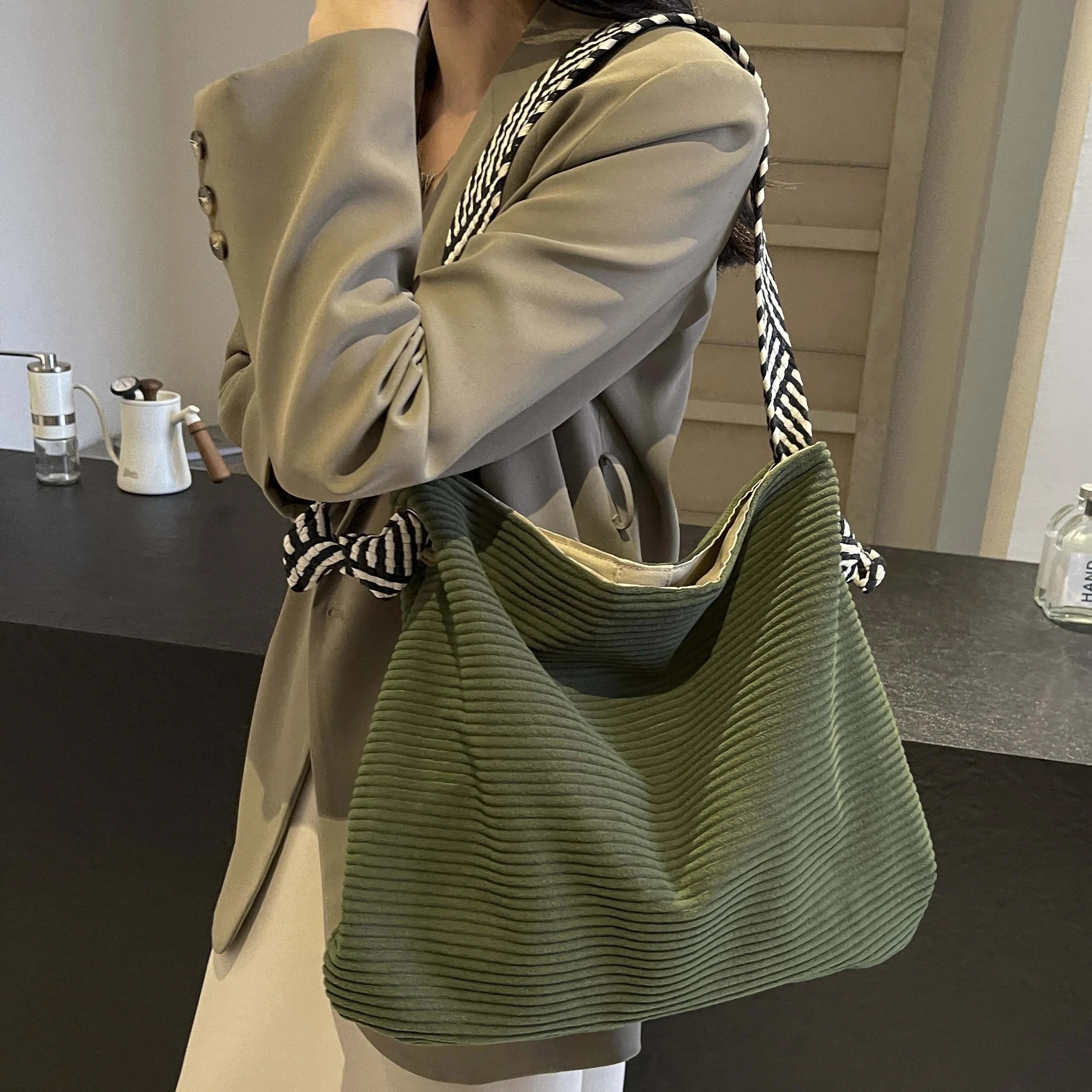 Corduroy handbag with wide shoulder strap