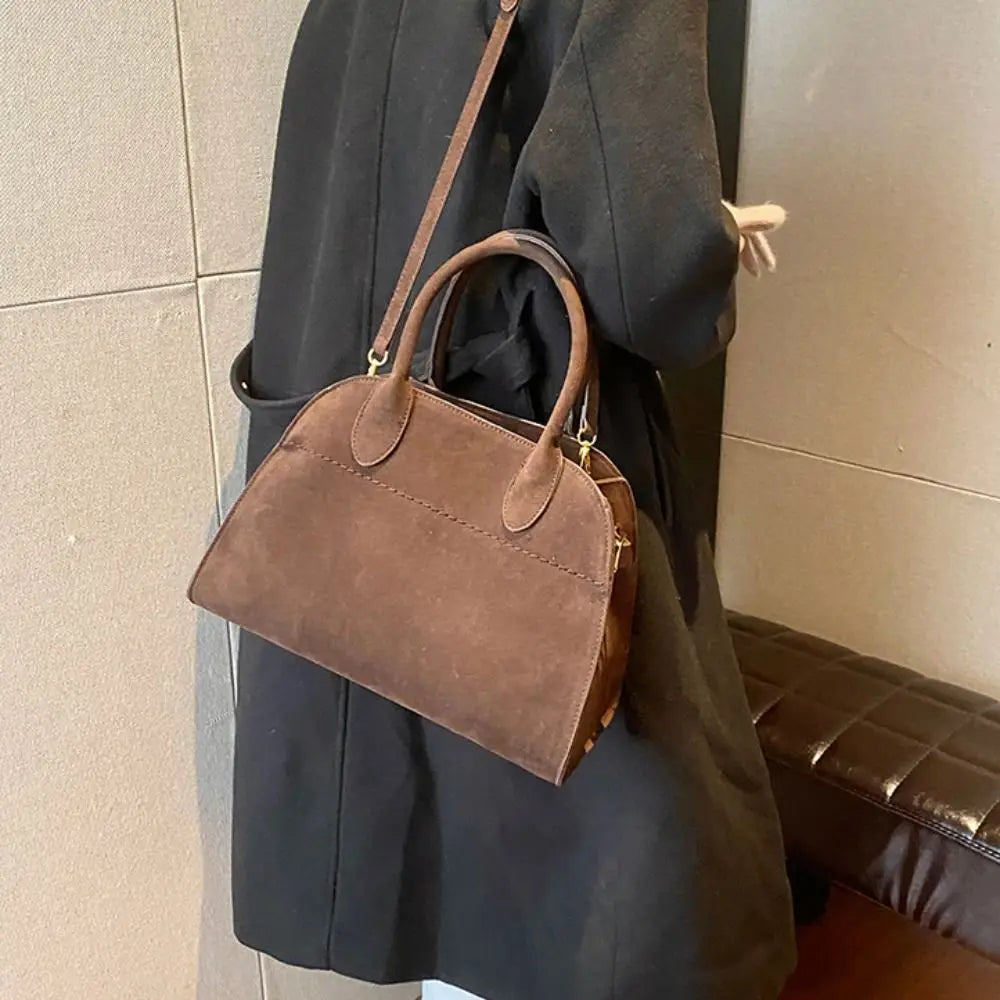 Suede handbag with double handle
