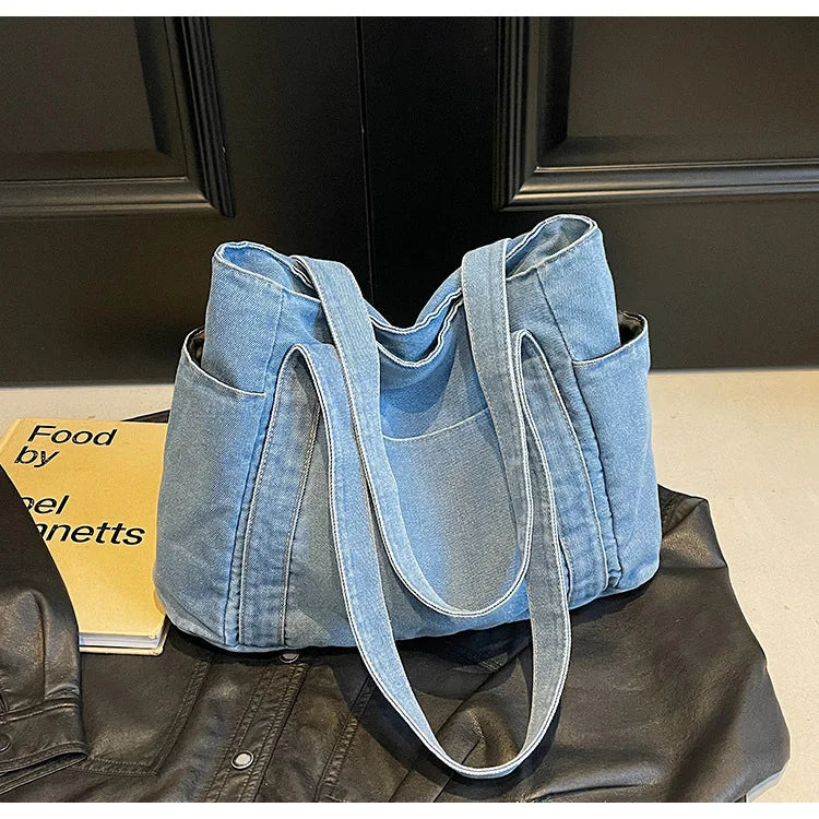 Denim shoulder tote bag
