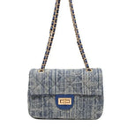 Compact flap denim handbag with chain straps
