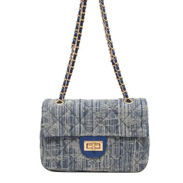 Compact flap denim handbag with chain straps