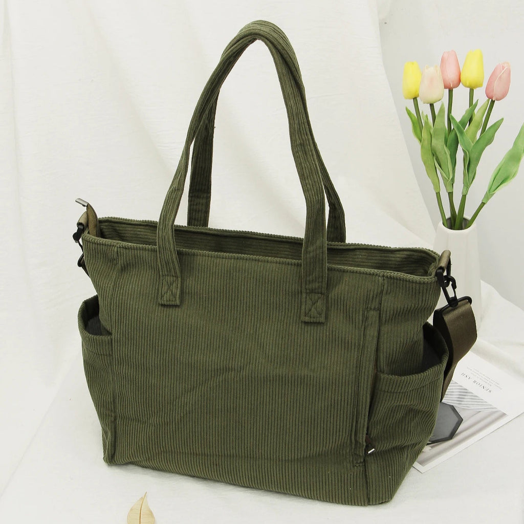 Corduroy tote bag with zipper closure and pockets