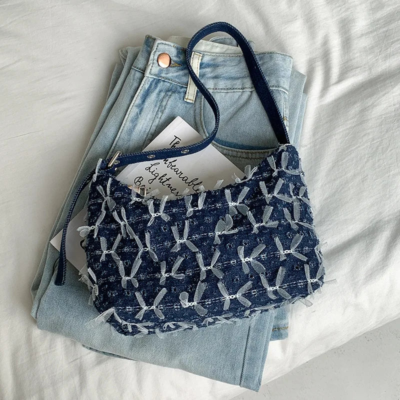 Boho chic denim purse with fringes and embroidery