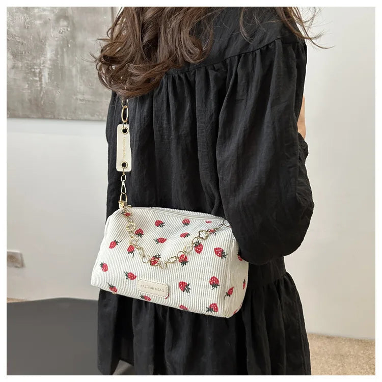 corduroy handbag with strawberry print