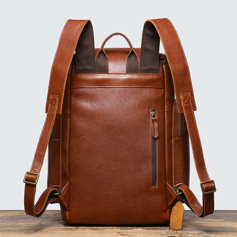 Tall leather rucksack with top flap