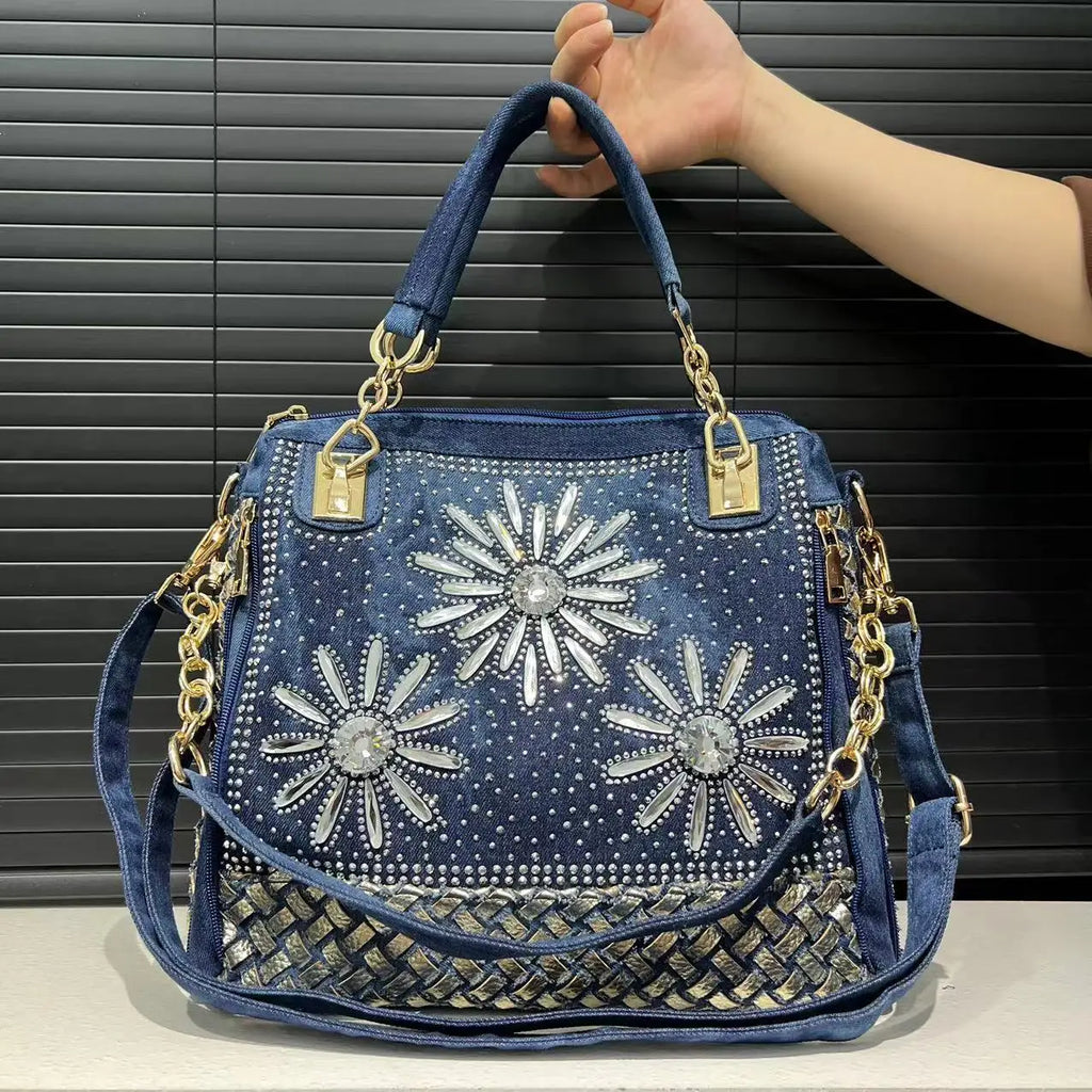Elegant floral embroidered denim handbag with chain handle