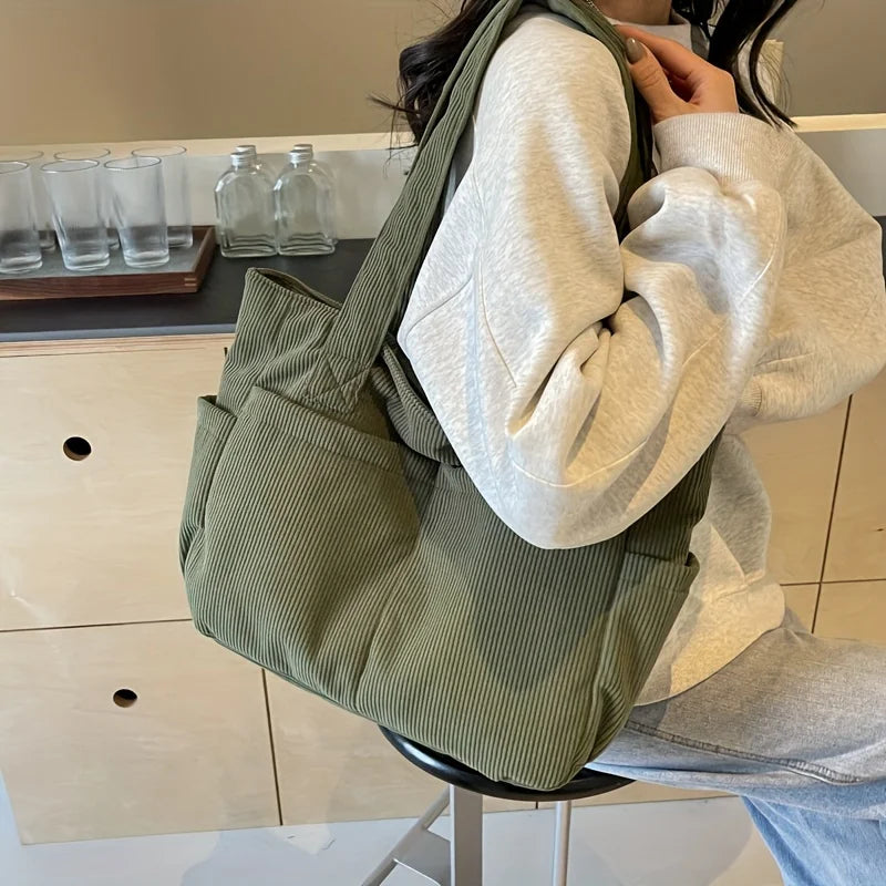 Large corduroy shoulder tote bag with multiple pockets
