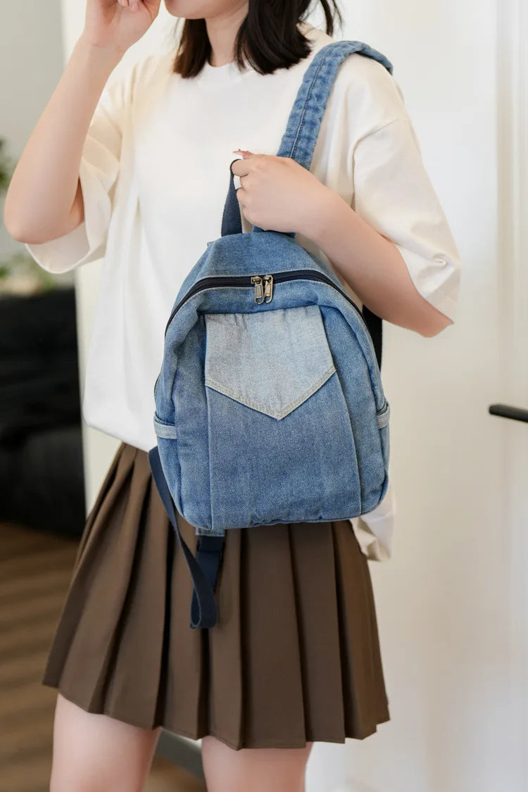 Embroidered women's denim backpack