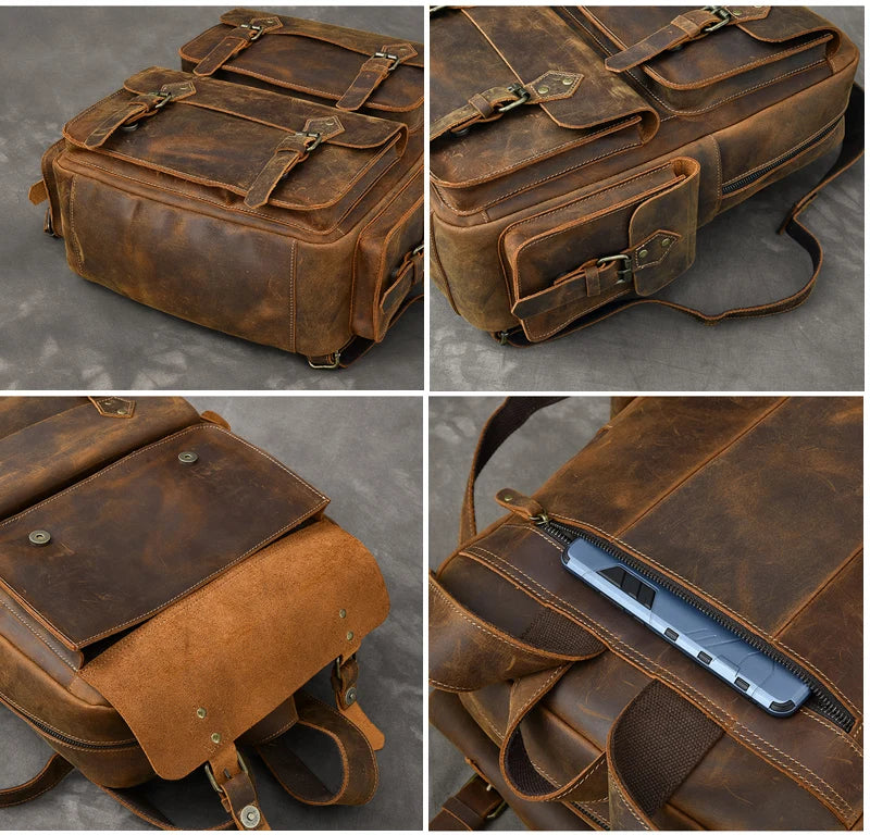 Large leather rucksack with buckles
