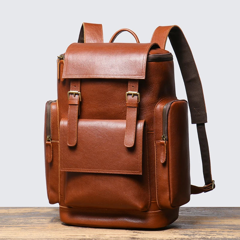 Tall leather rucksack with top flap