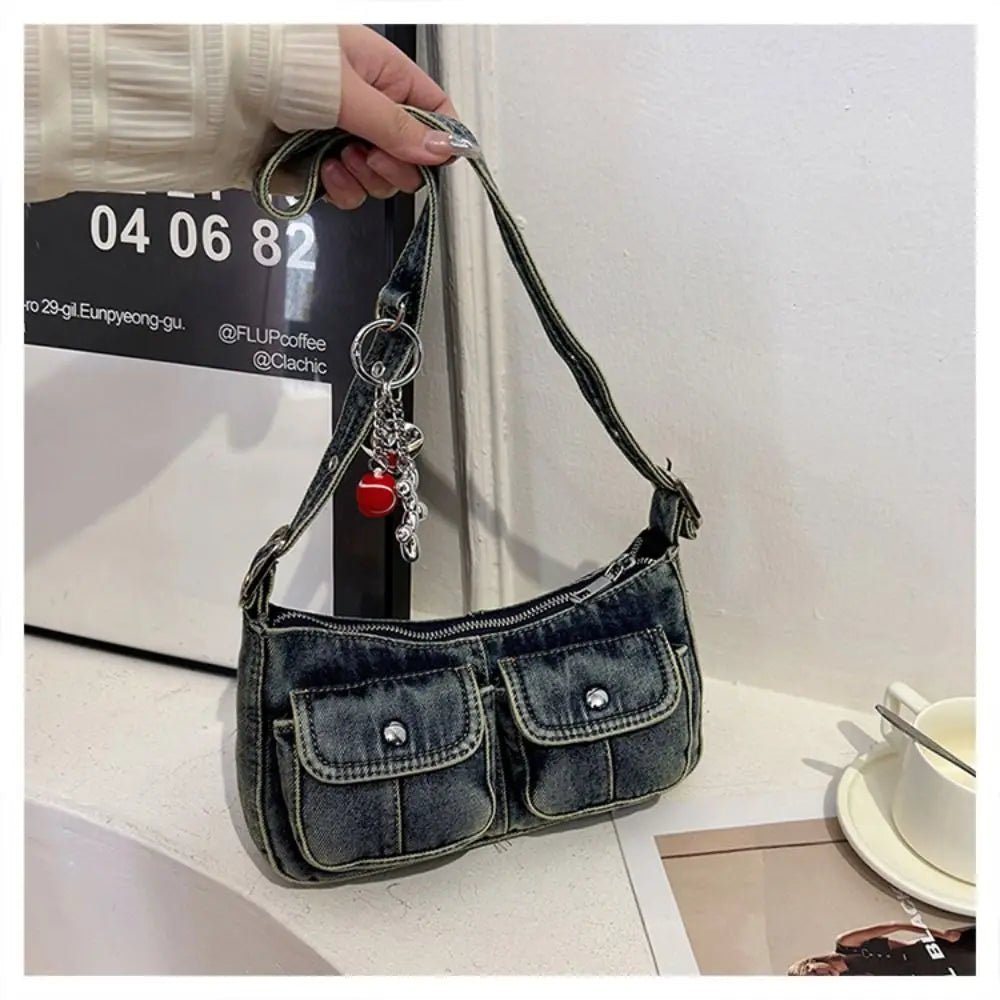 Denim handbag with front pockets