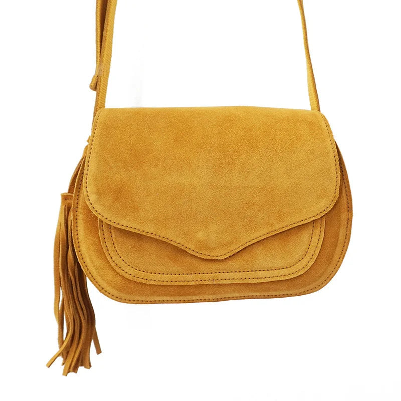 Fold-over suede shoulder bag