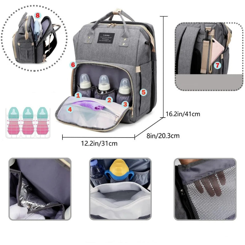 Black diaper backpack with built-in bed