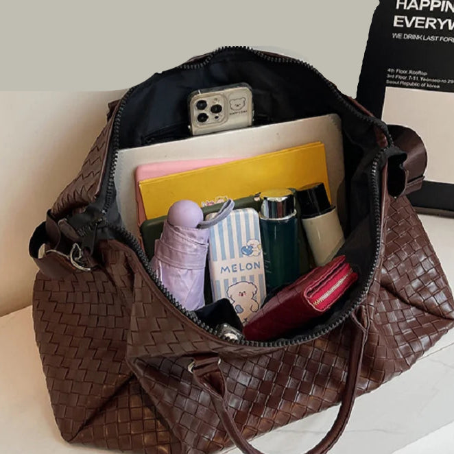 Zip-top leather overnight duffle bag