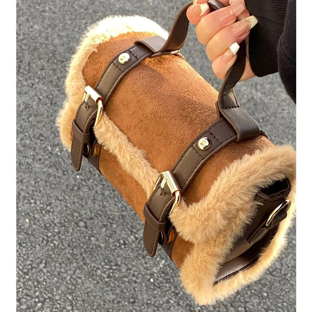 Suede shoulder handbag with fake fur