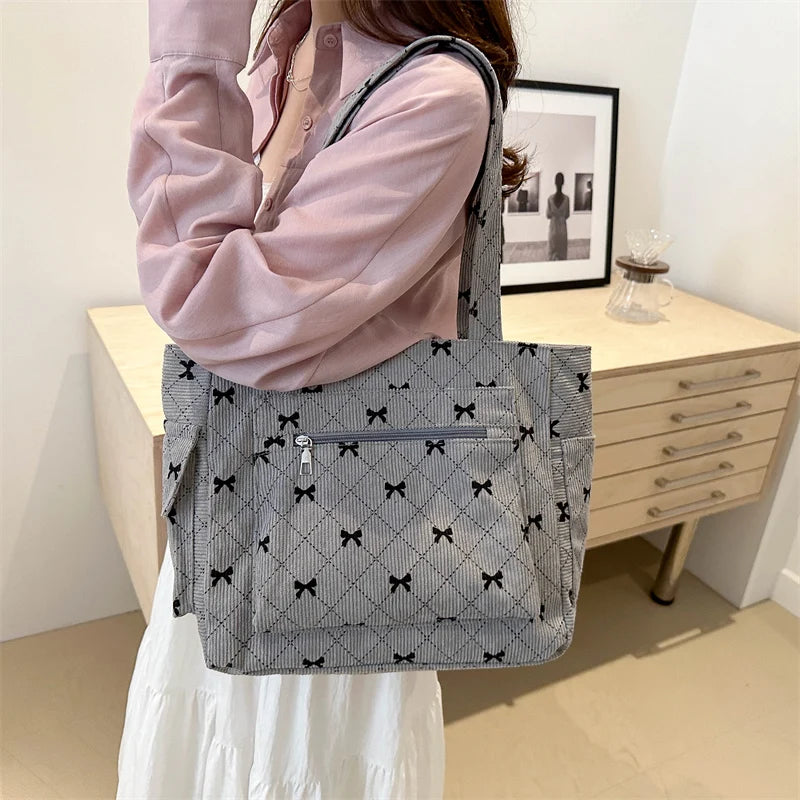 Bow pattern corduroy tote bag for women
