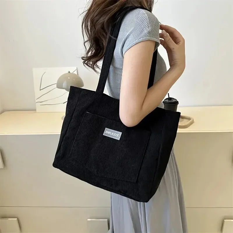 Large capacity corduroy shoulder tote bag