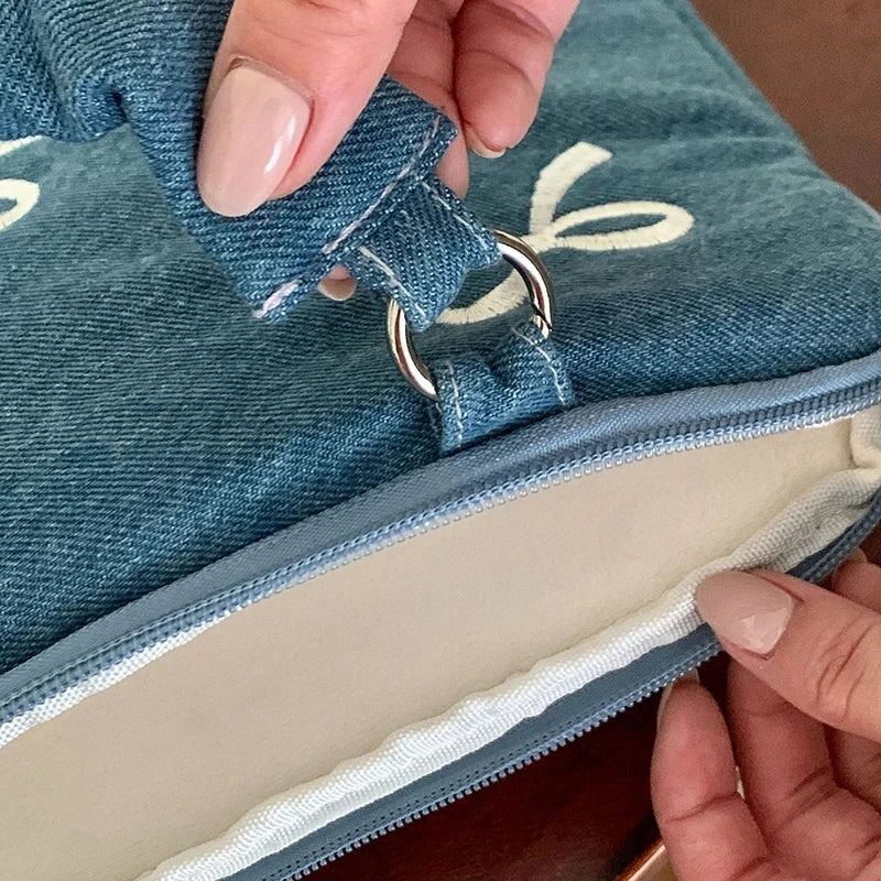 Bowknot heart denim laptop bag
