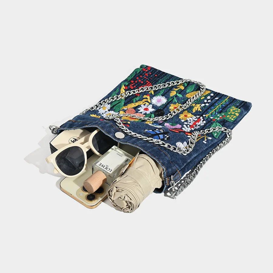 Embroidered floral denim shoulder bag