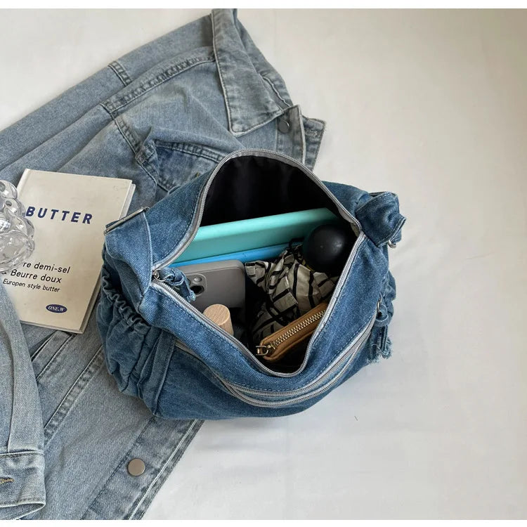 Multi-pockets denim shoulder bag for women
