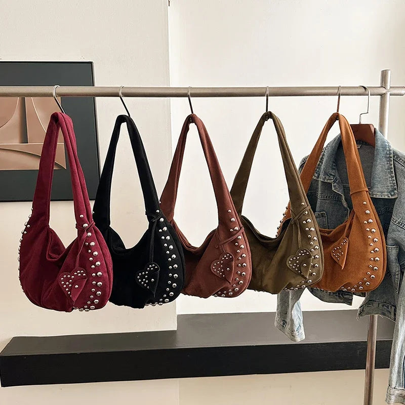 Chic suede shoulder bag with decorative strass