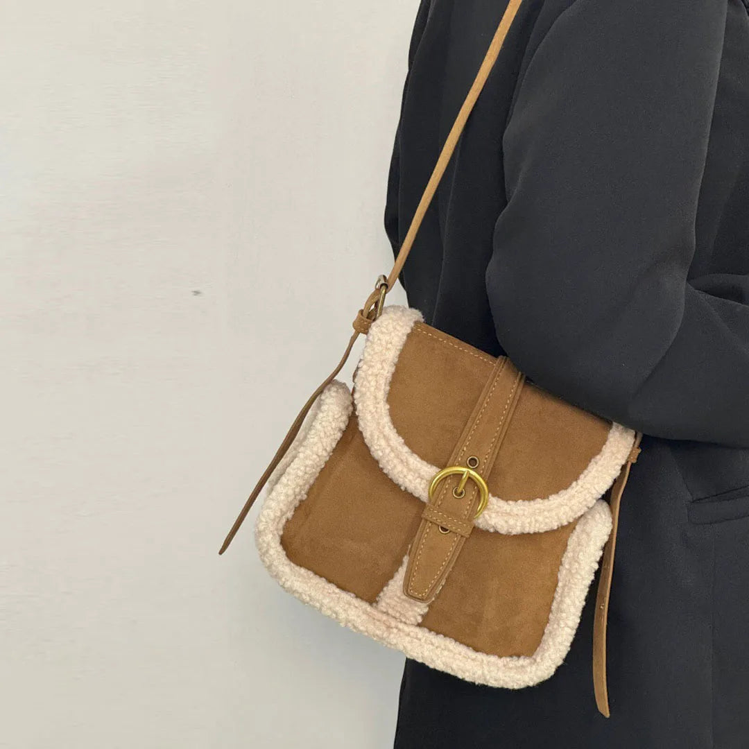 Flop-over suede handbag with fake fur