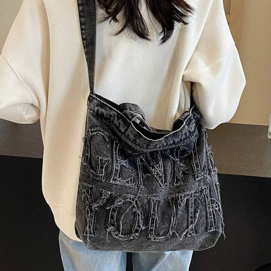 Foldable denim tote bag