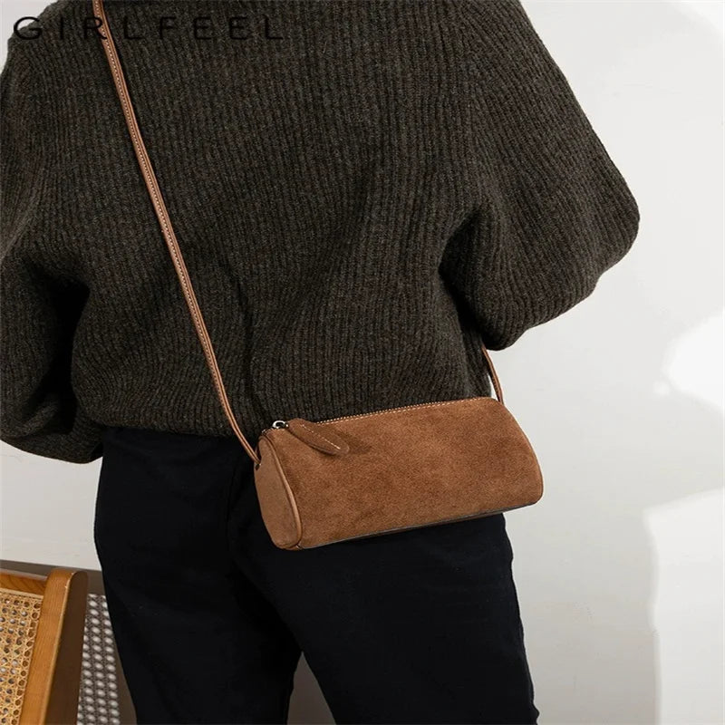 Rectangular suede purse with shoulder straps