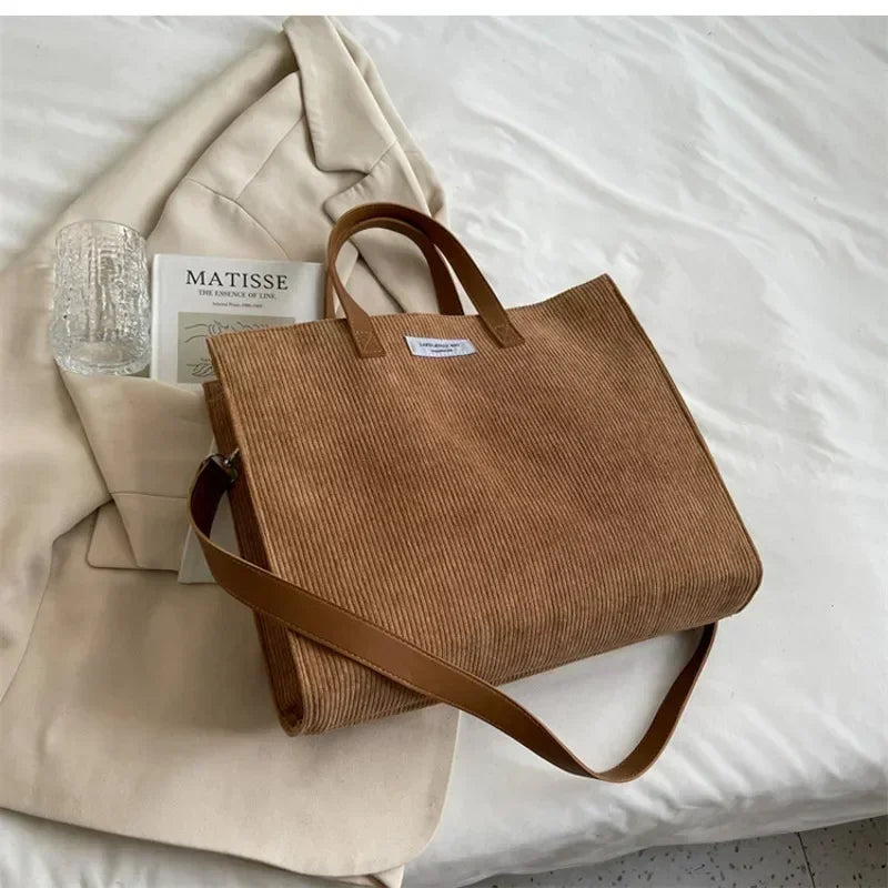 Elegant corduroy tote bag with leather handles
