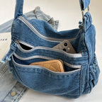 Multi-pockets denim shoulder bag for women