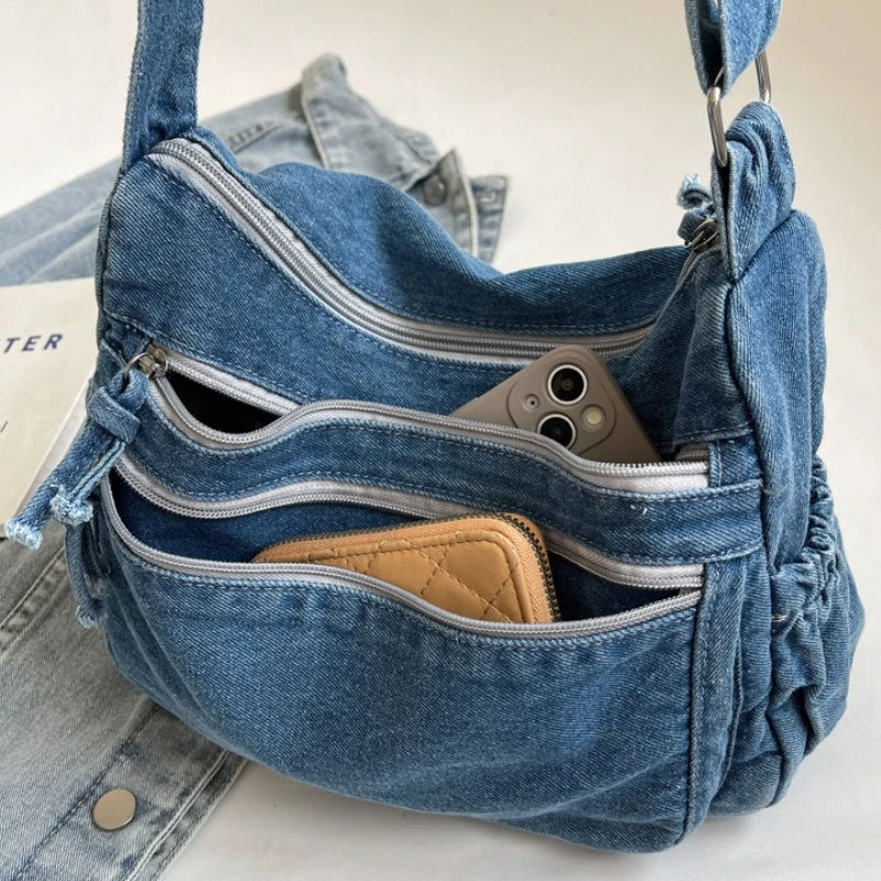 Multi-pockets denim shoulder bag for women