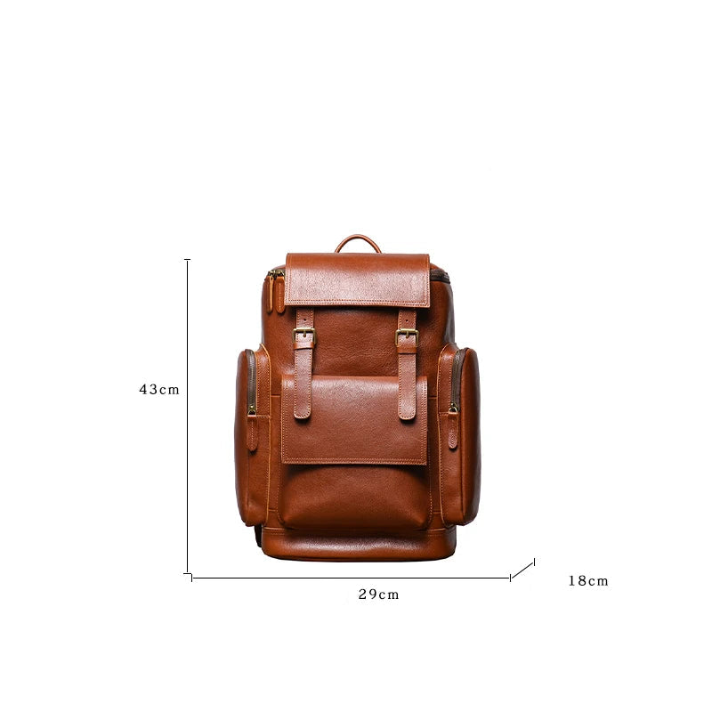 Tall leather rucksack with top flap