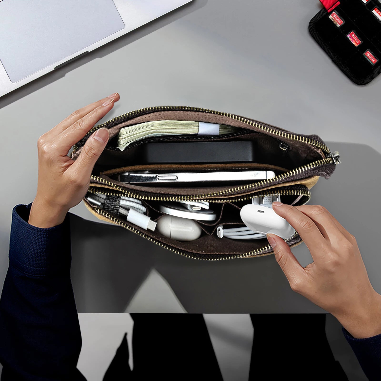 Leather zipper clutch