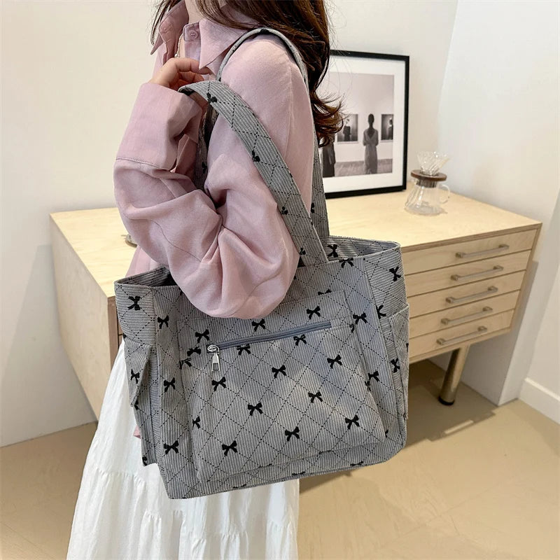 Bow pattern corduroy tote bag for women