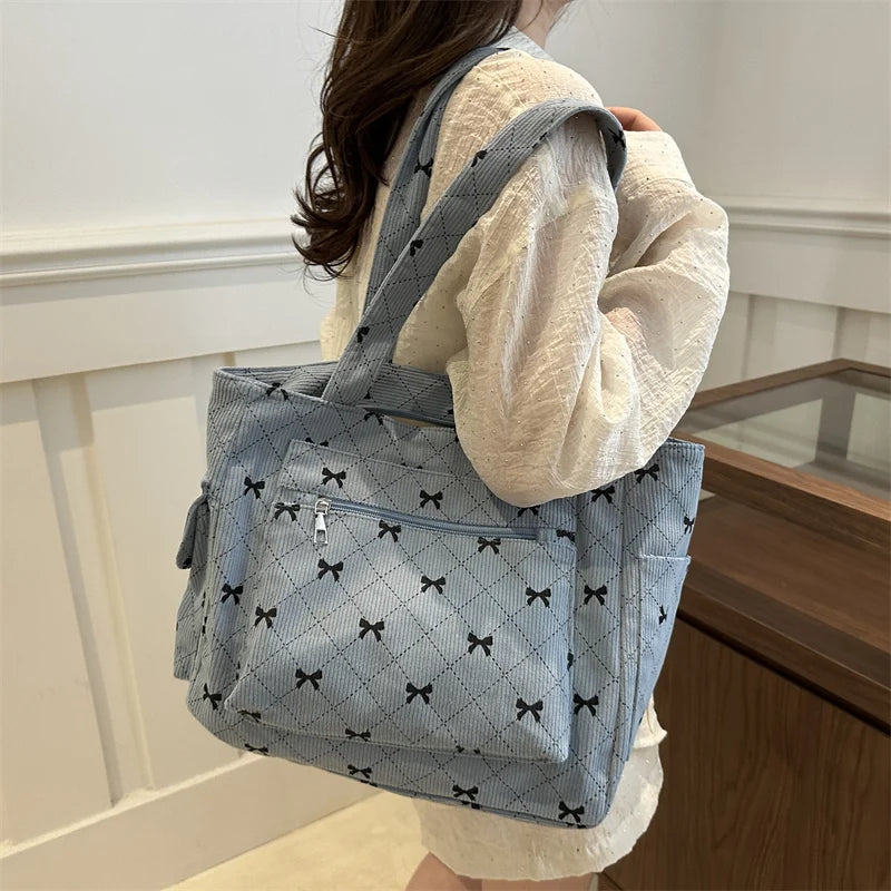 Bow pattern corduroy tote bag for women