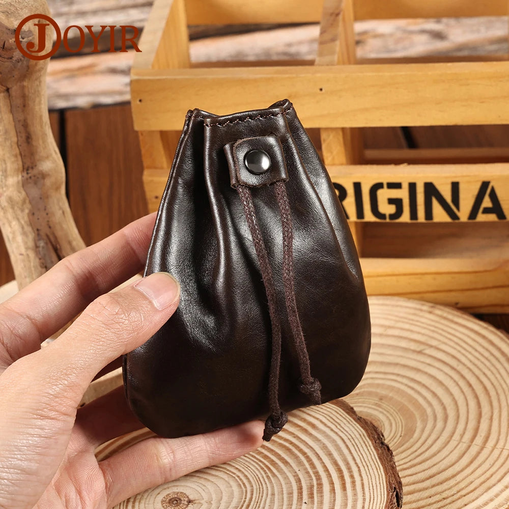 Compact drawstring pouch in leather