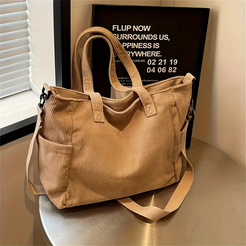 Corduroy tote bag with zipper closure and pockets