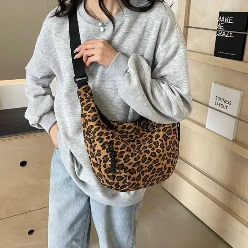 Leopard print corduroy crossbody handbag