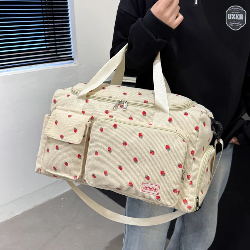 Corduroy travel toiletry bag with shoulder strap