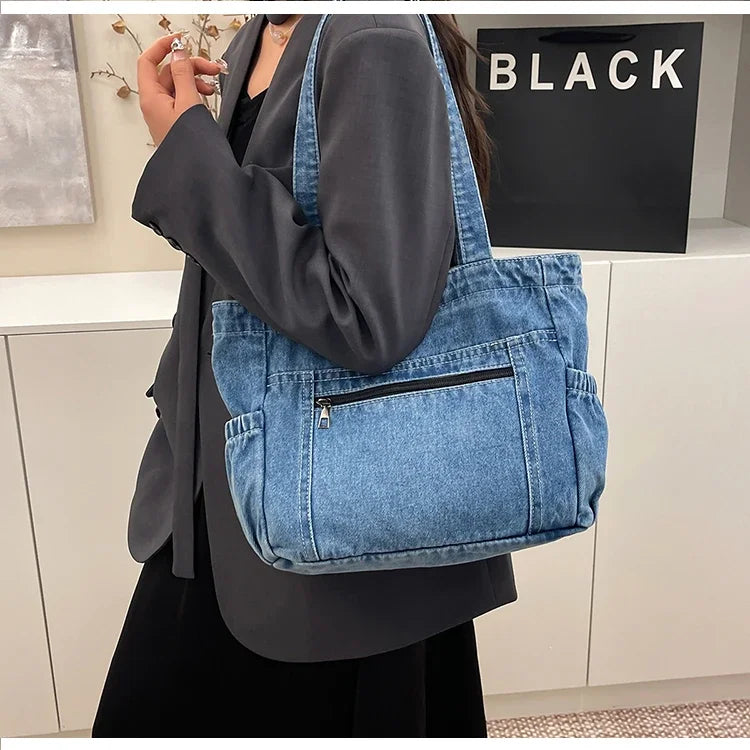 Denim tote bag with front pocket
