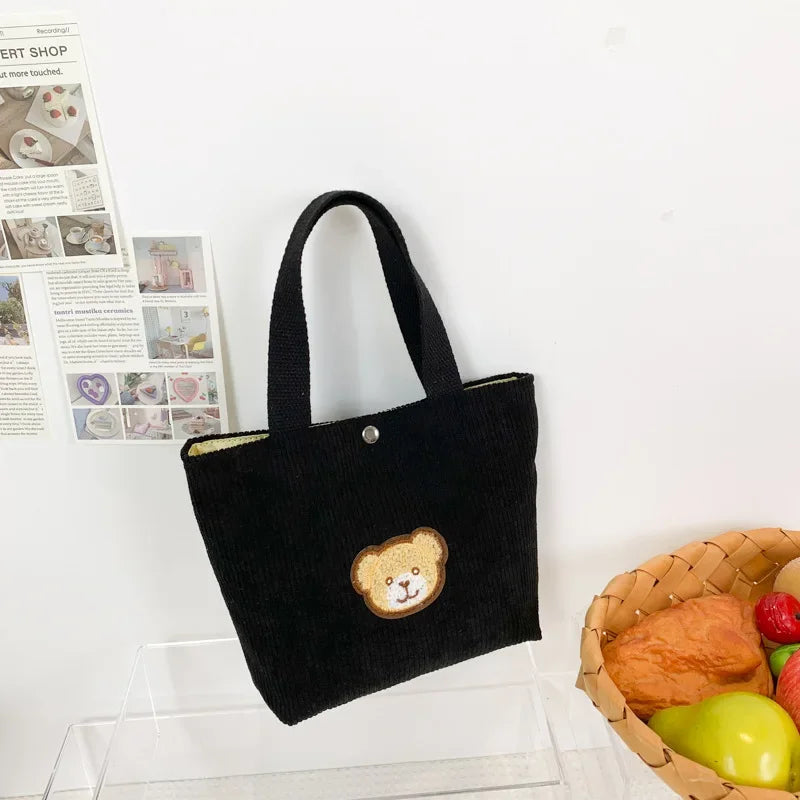 Women’s corduroy shoulder tote bag with front patch
