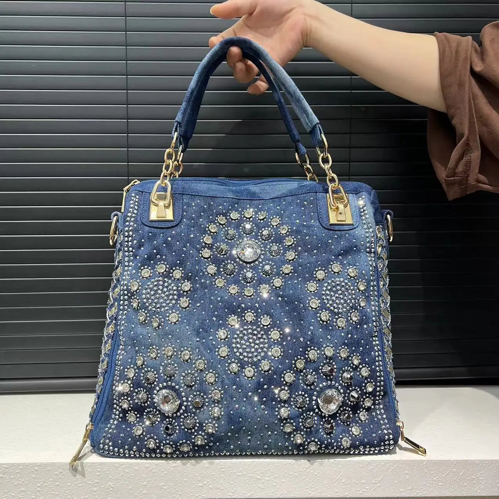 Elegant floral embroidered denim handbag with chain handle