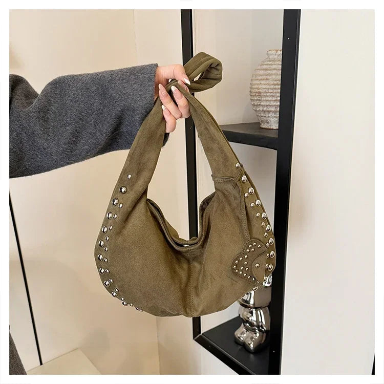 Chic suede shoulder bag with decorative strass