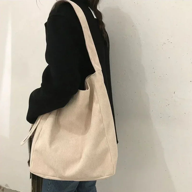 Large capacity corduroy shoulder tote bag for daily use