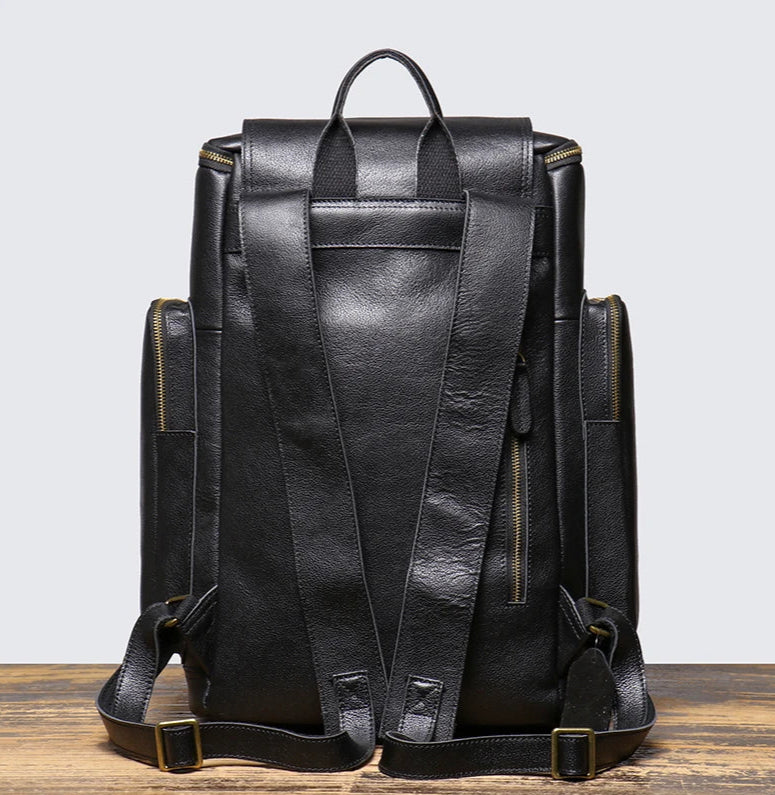Tall leather rucksack with top flap